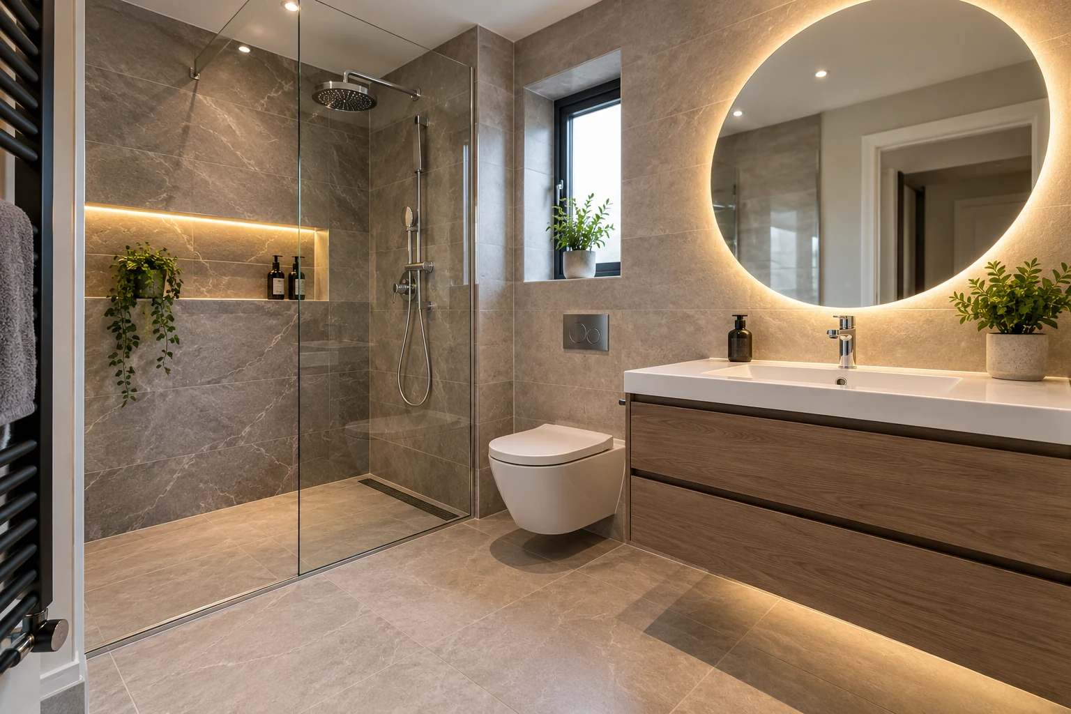 Illustrative photograph of a modern bathroom and shower installation
