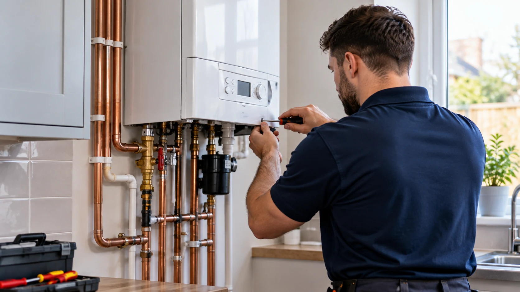 Illustrative photograph of a plumber examining a domestic boiler